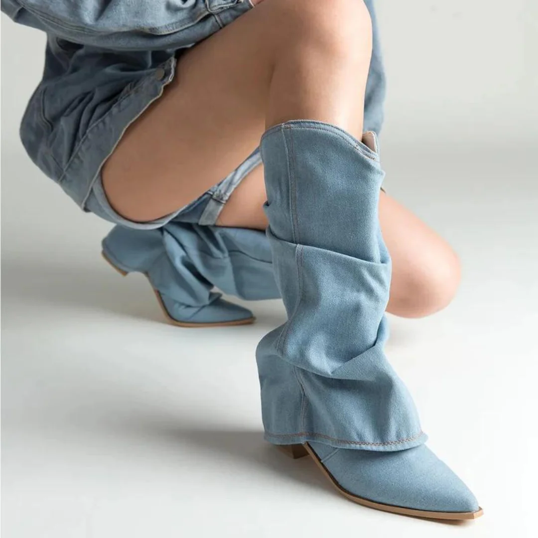 Naisten Denim Saappaat | Block Heels | Rento Western-Tyyli | Nilkkapituus ja Leveä Varsi - Image 3
