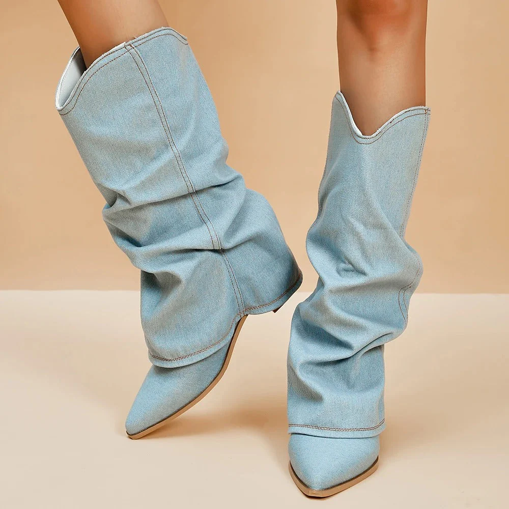 Naisten Denim Saappaat | Block Heels | Rento Western-Tyyli | Nilkkapituus ja Leveä Varsi - Image 5