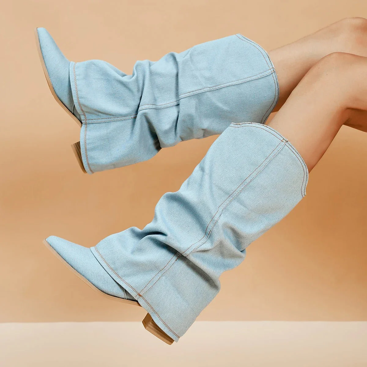 Naisten Denim Saappaat | Block Heels | Rento Western-Tyyli | Nilkkapituus ja Leveä Varsi - Image 8