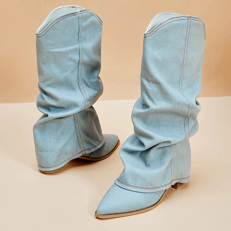 Naisten Denim Saappaat | Block Heels | Rento Western-Tyyli | Nilkkapituus ja Leveä Varsi - Image 9
