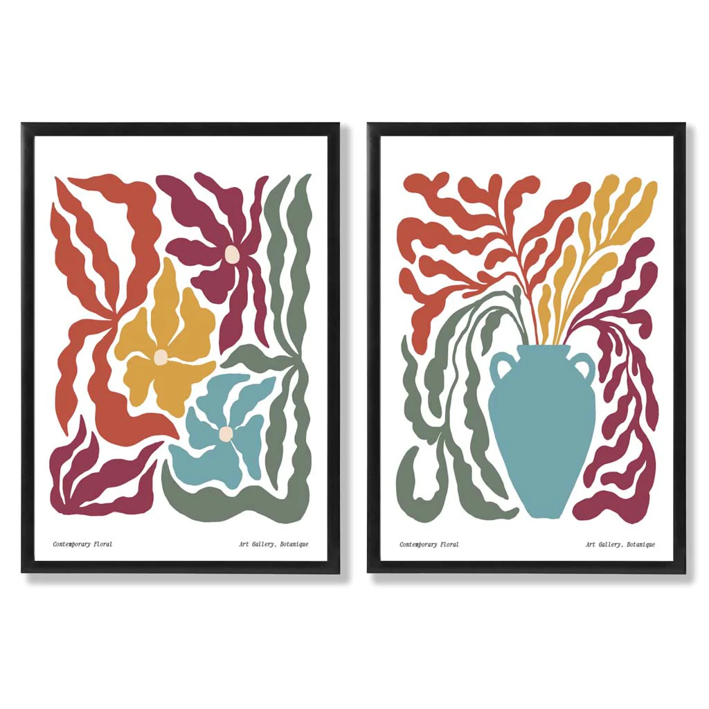 Boho Flower Art Print Set, 2 Framed Prints