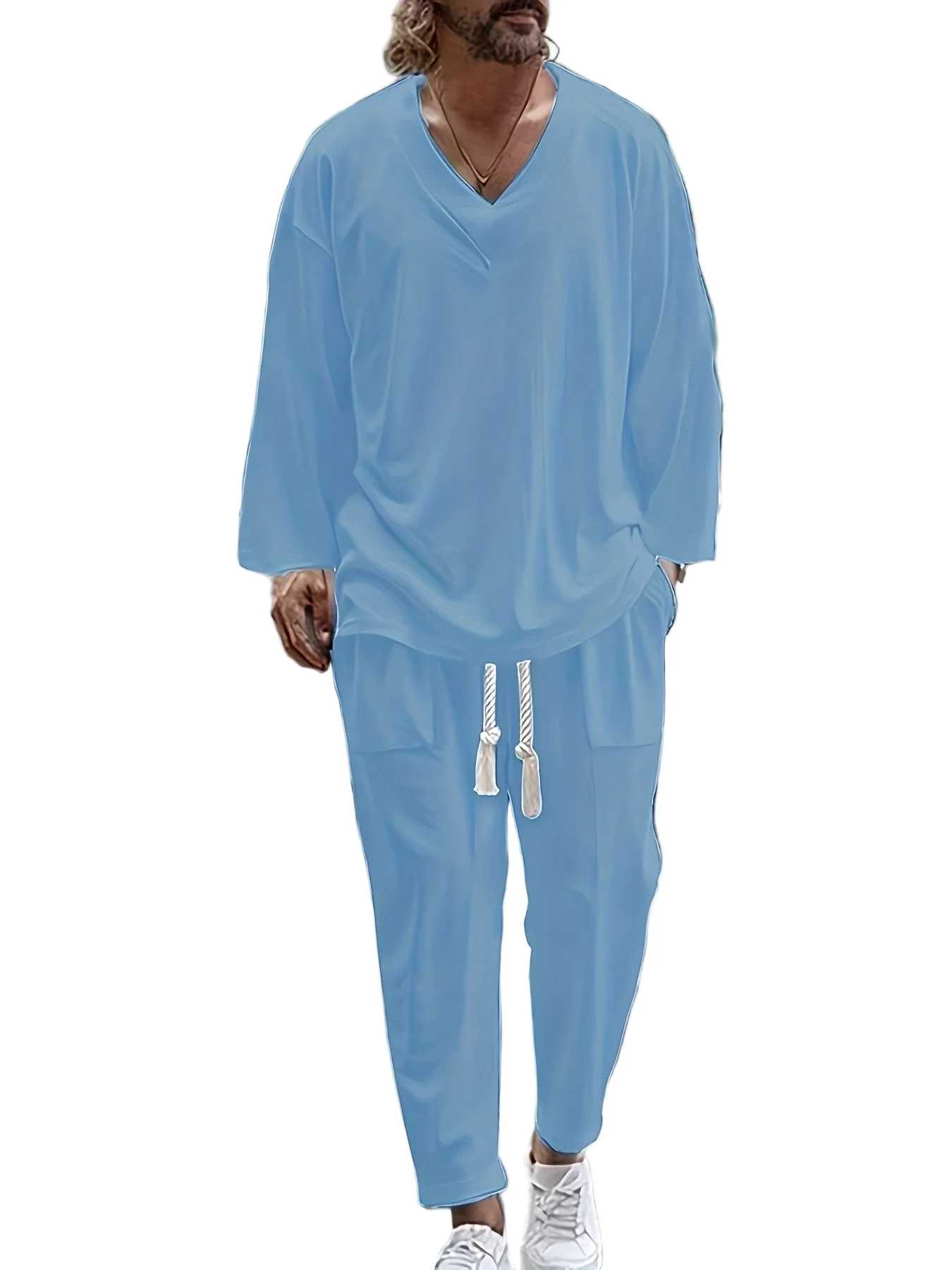 Miesten Loungewear Setti V-kaula-aukkoinen Pitkähiha Toppi Puuvillasekoite
