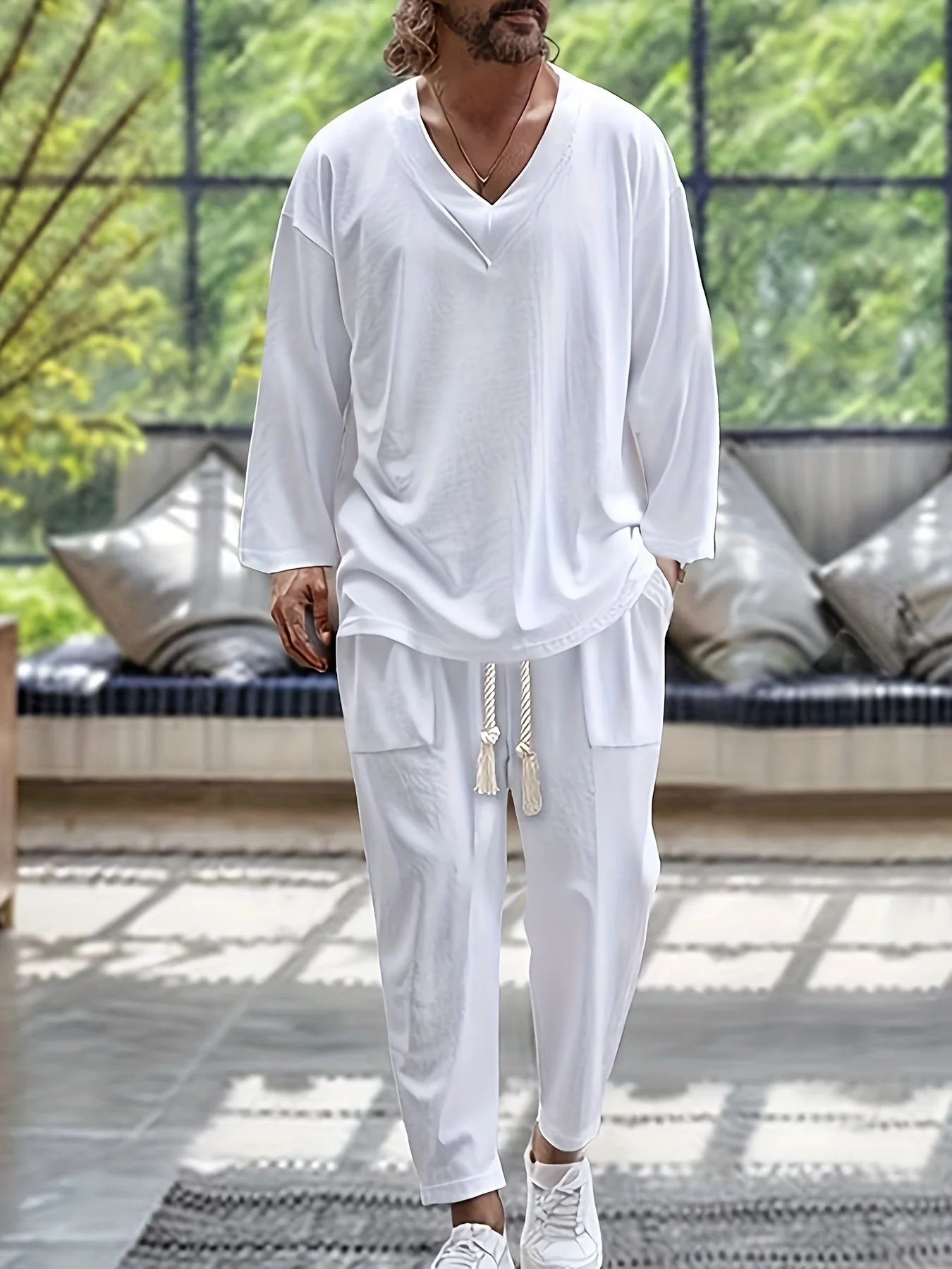 Miesten Loungewear Setti V-kaula-aukkoinen Pitkähiha Toppi Puuvillasekoite - Image 2