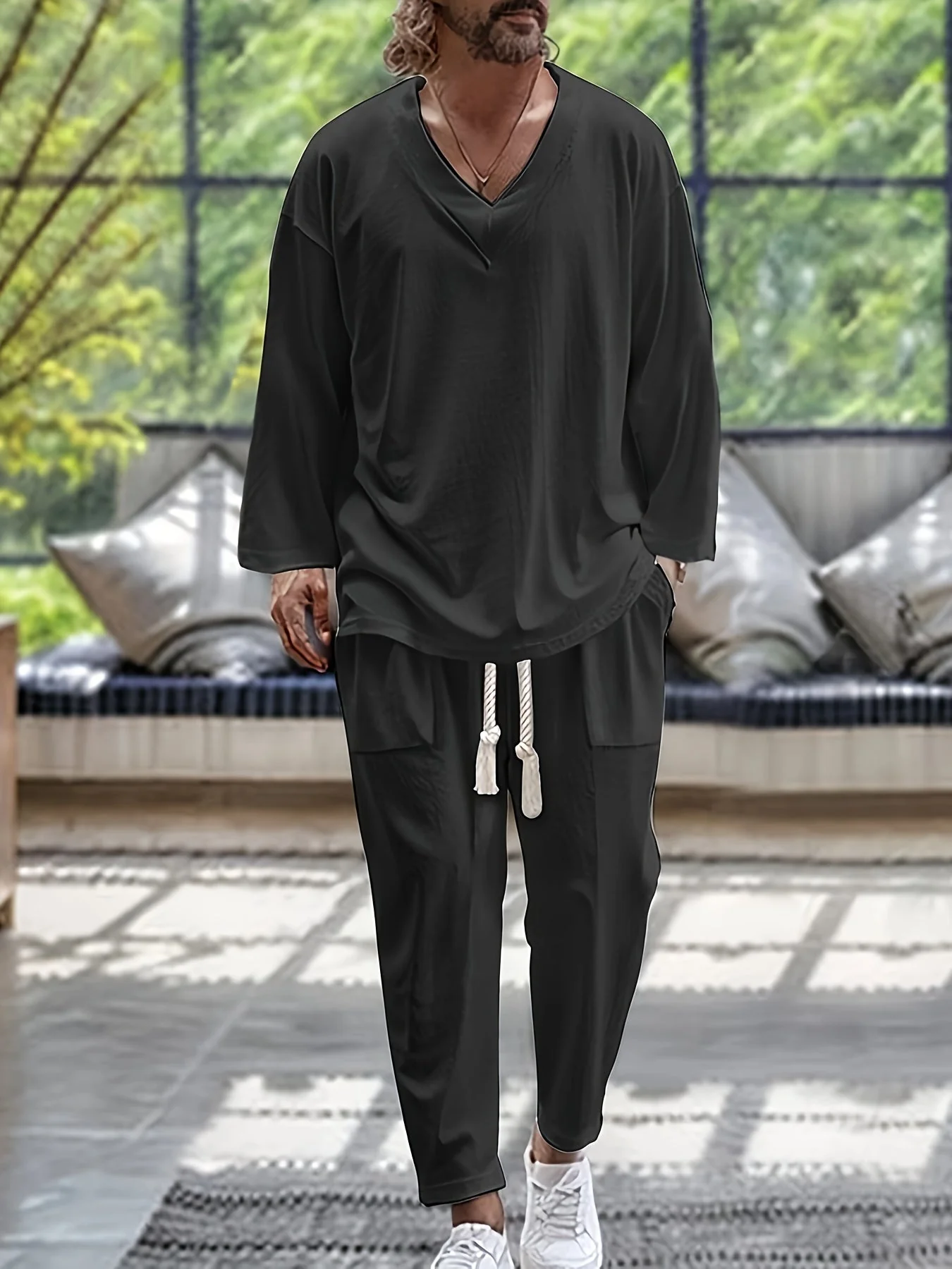 Miesten Loungewear Setti V-kaula-aukkoinen Pitkähiha Toppi Puuvillasekoite - Image 3
