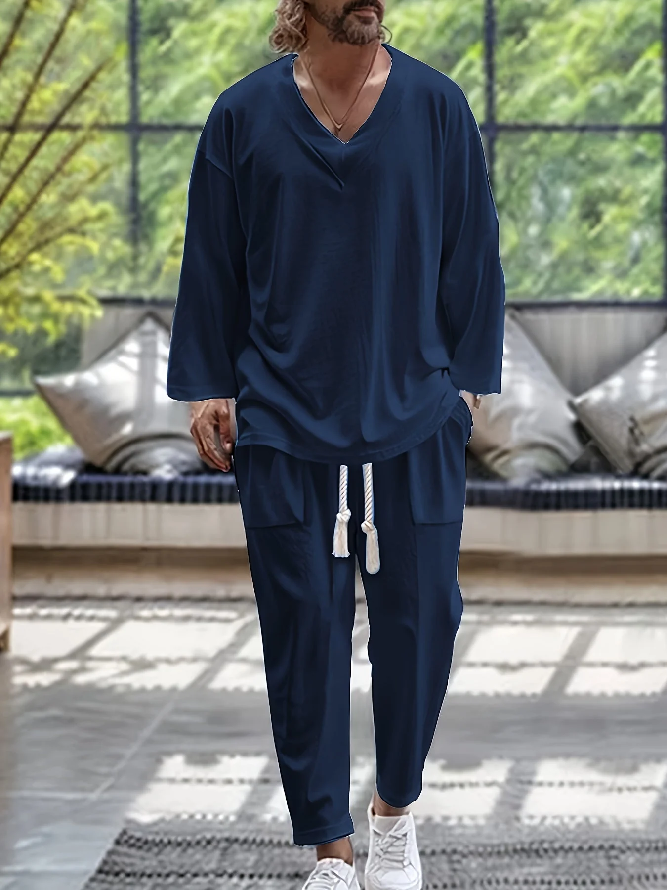 Miesten Loungewear Setti V-kaula-aukkoinen Pitkähiha Toppi Puuvillasekoite - Image 5