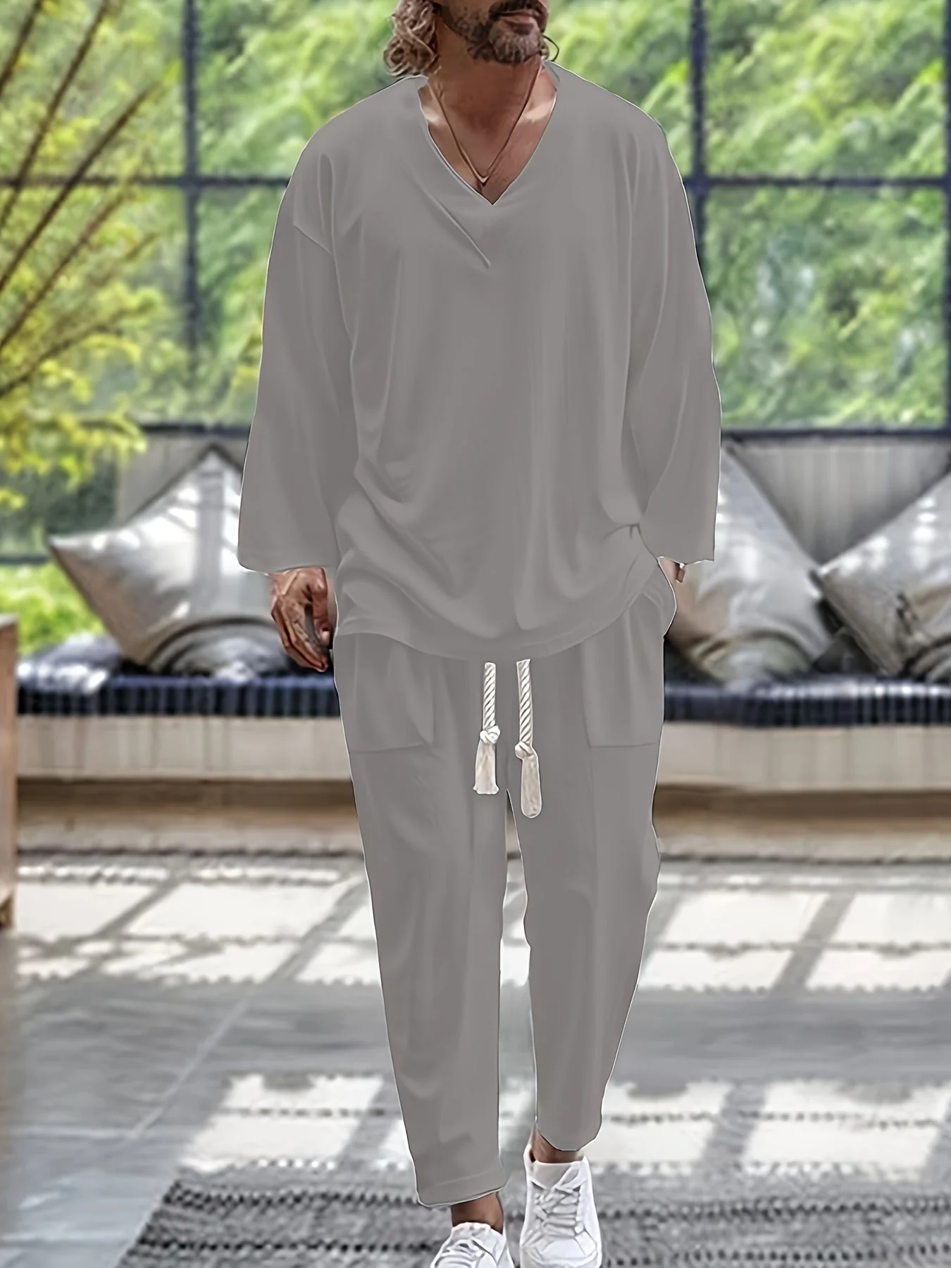 Miesten Loungewear Setti V-kaula-aukkoinen Pitkähiha Toppi Puuvillasekoite - Image 6