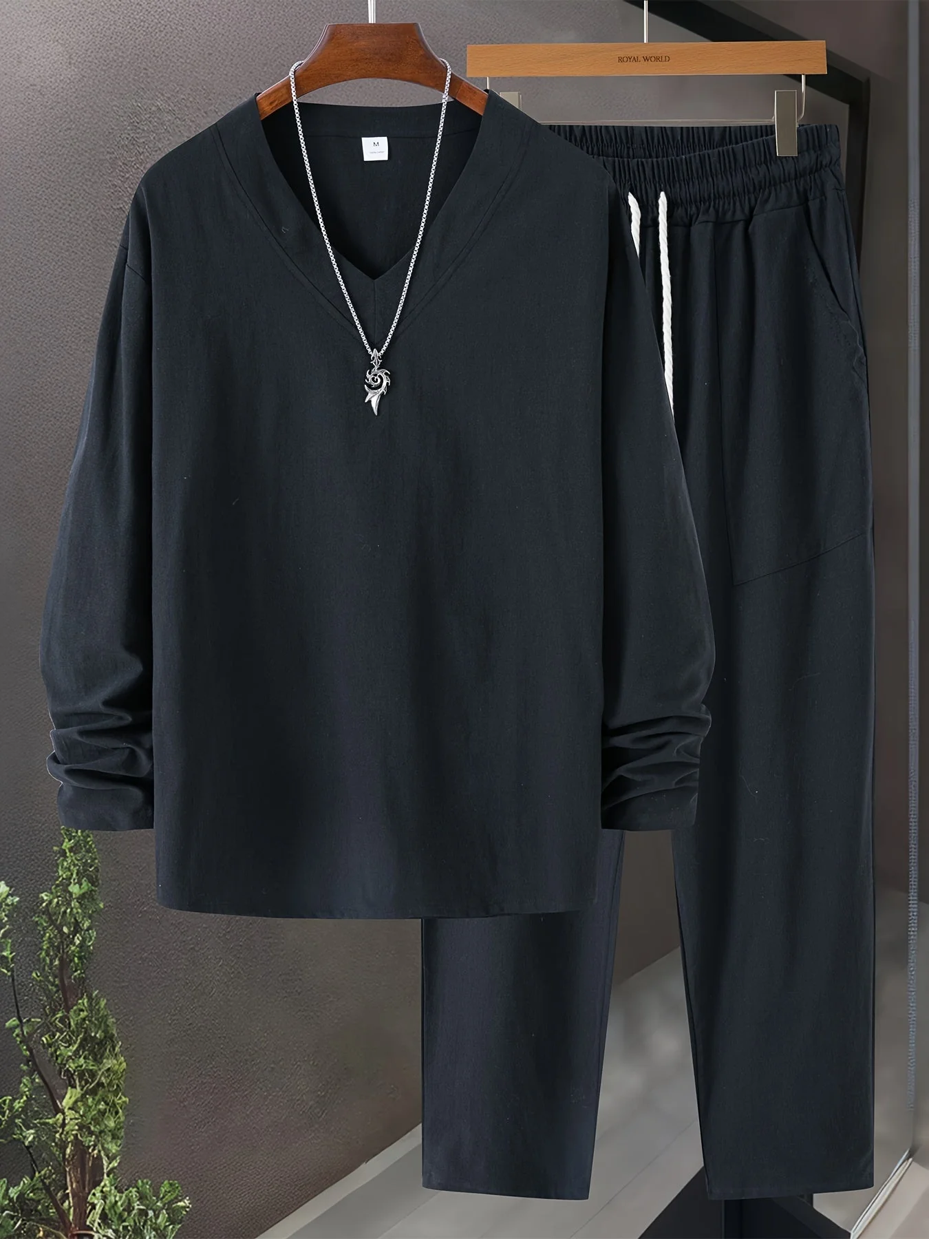 Miesten Loungewear Setti V-kaula-aukkoinen Pitkähiha Toppi Puuvillasekoite - Image 8