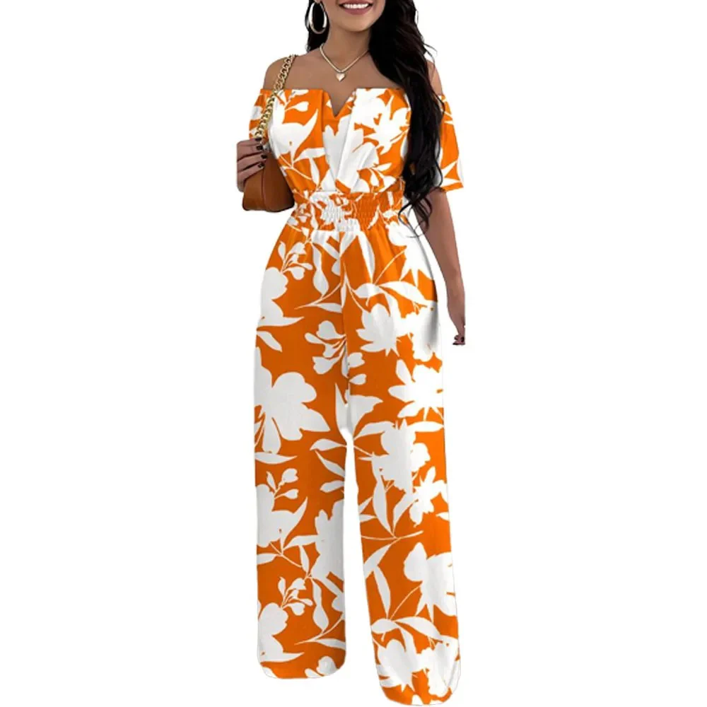 Muoti Tulosta Off-olkapää Smocked Vyötärö Jumpsuit - Image 2