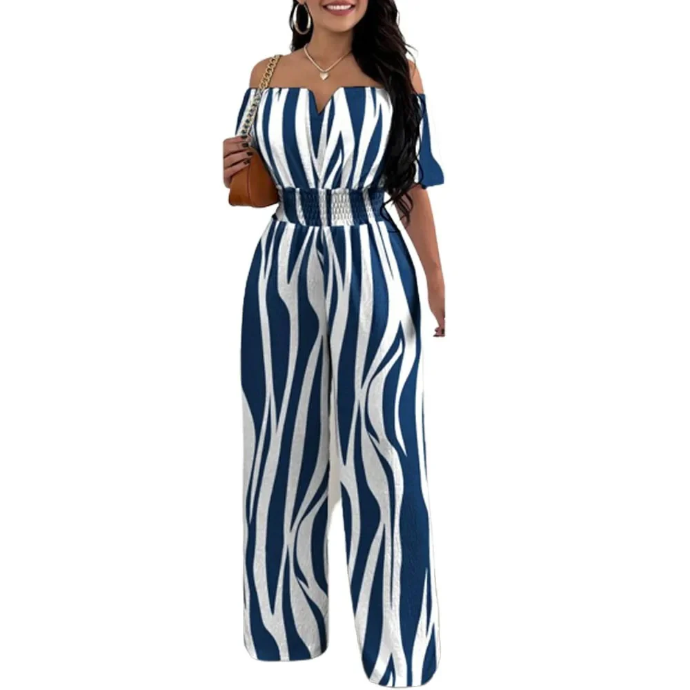 Muoti Tulosta Off-olkapää Smocked Vyötärö Jumpsuit - Image 4