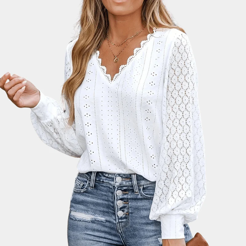 Naisten Blouse V-pääntiö ja pitsiyksityiskohdat - Image 2