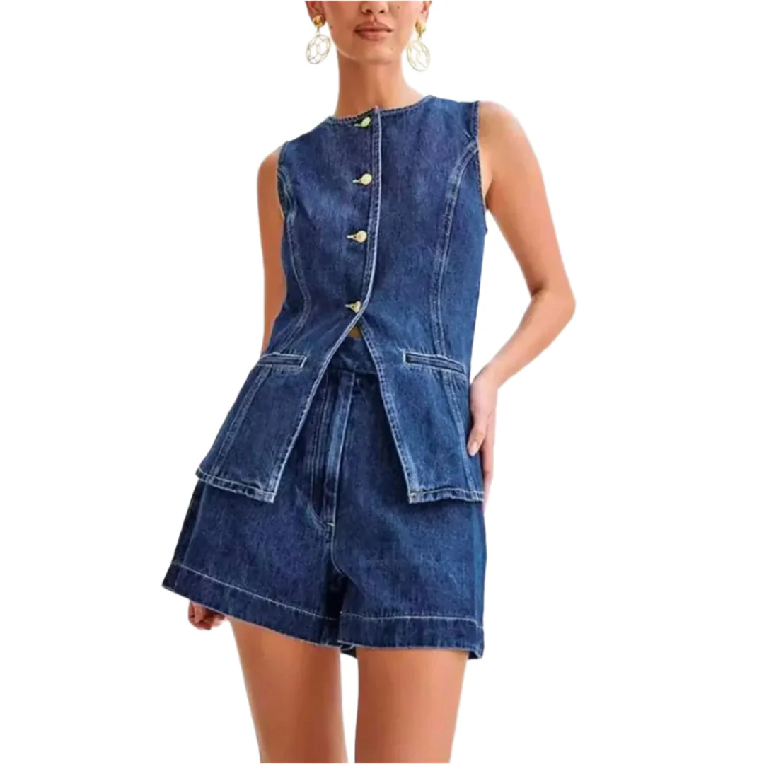 Naisten Denim Setti Hihaton Paita Korkeavyötäröiset Shortsit Denim