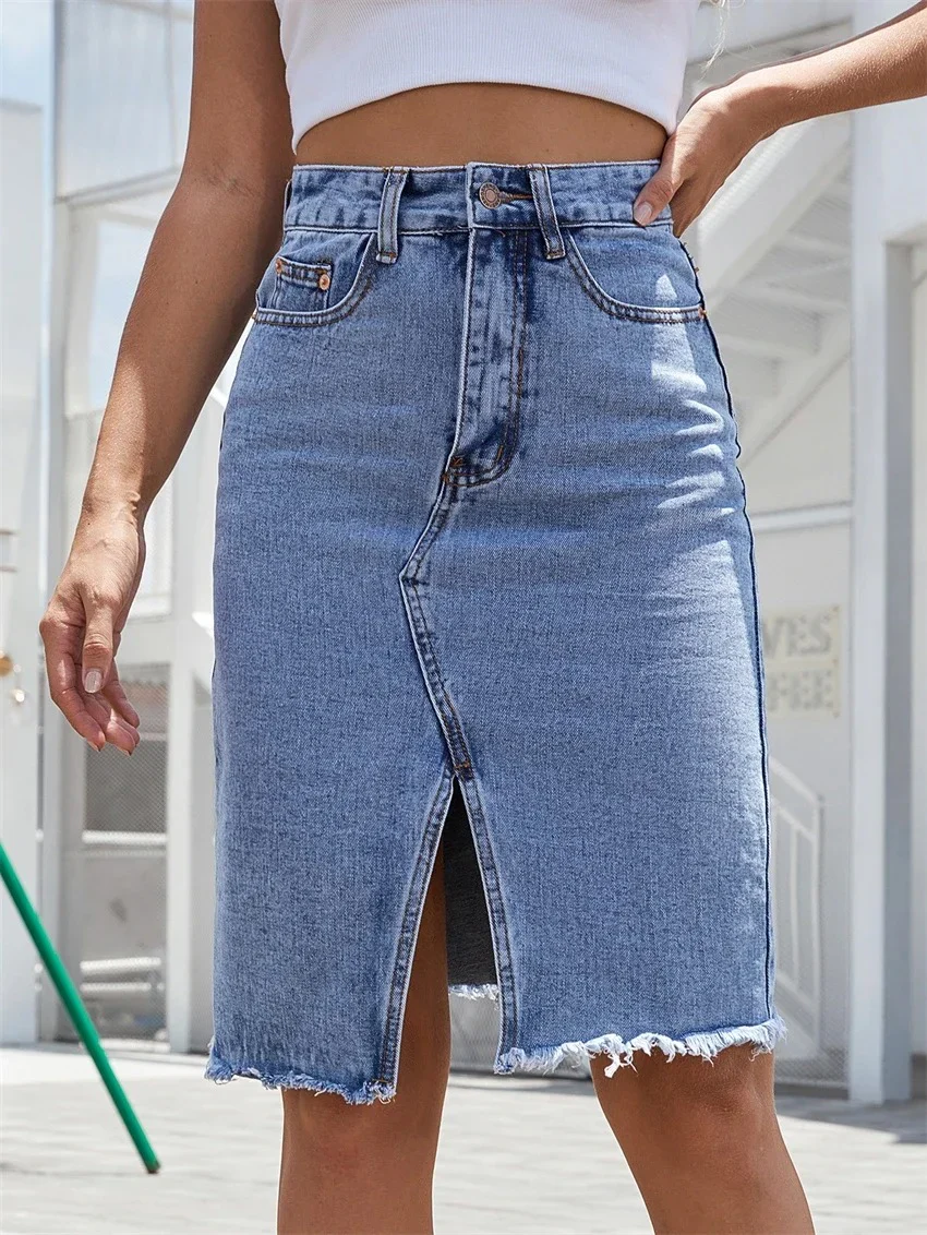 Naisten Front Split Denim Midi hame - Image 2