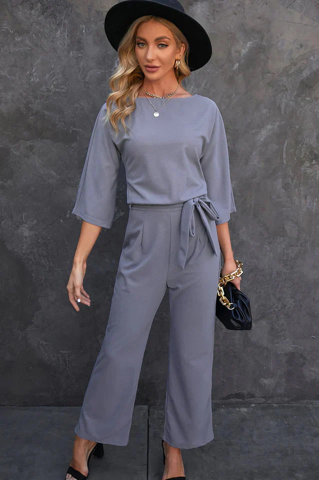 Naisten Jumpsuit Leveillä Jaloilla Vyötärövyöllä Kolmen Neljäsosan Hihoilla - Image 4