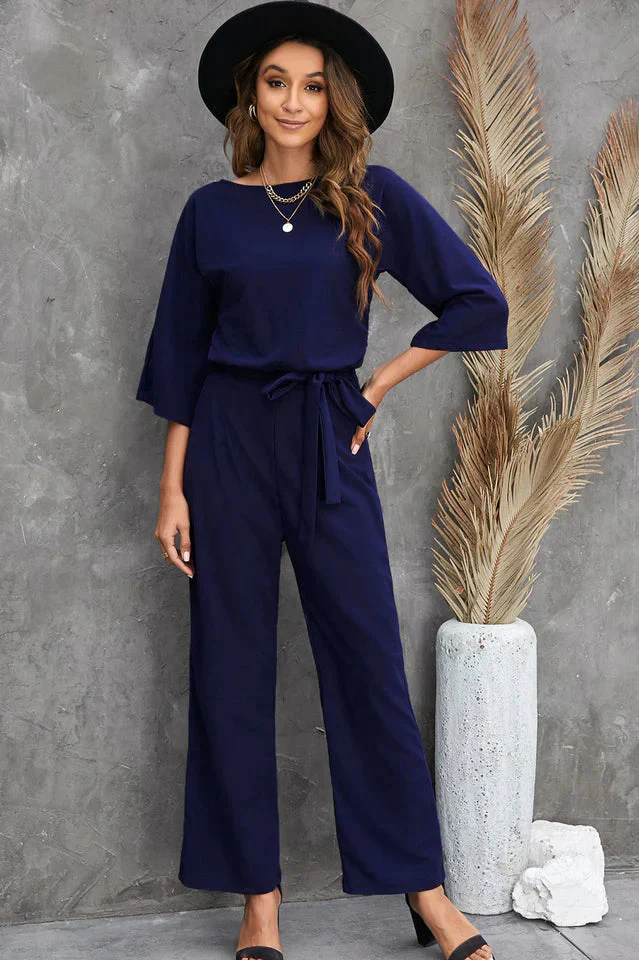 Naisten Jumpsuit Leveillä Jaloilla Vyötärövyöllä Kolmen Neljäsosan Hihoilla - Image 7