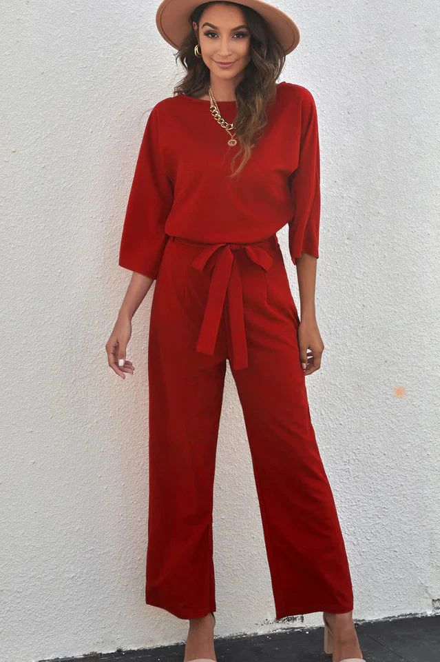 Naisten Jumpsuit Leveillä Jaloilla Vyötärövyöllä Kolmen Neljäsosan Hihoilla - Image 9
