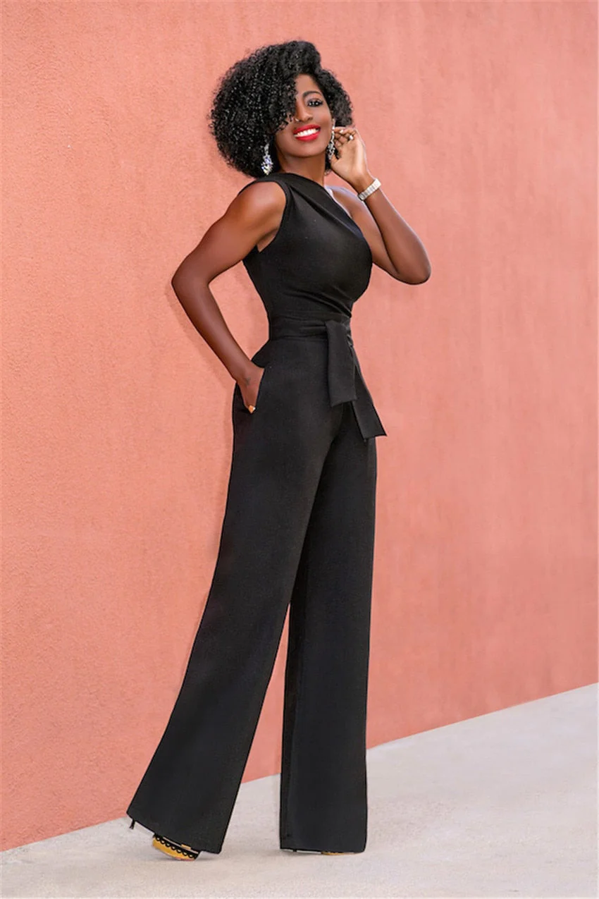 Naisten Jumpsuit Yhden Olkapään Muotoilu Polyesteri-Puuvilla Seos Laajapohjaiset Lahkeet - Image 3