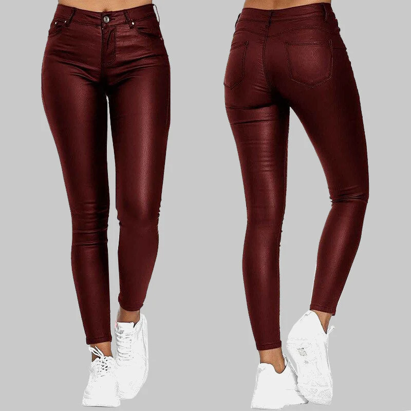Naisten Keinotekoiset Keinonahkahousut Korkea Vyötärö Slim Fit - Image 2