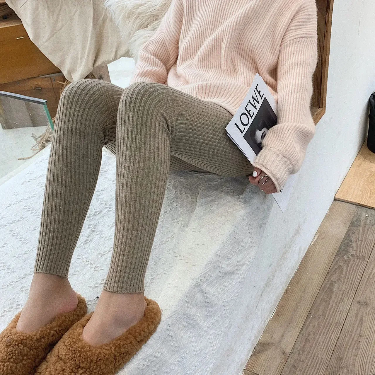 Naisten korkeavyötäröiset neulotut ribbed leggingsit - Image 5