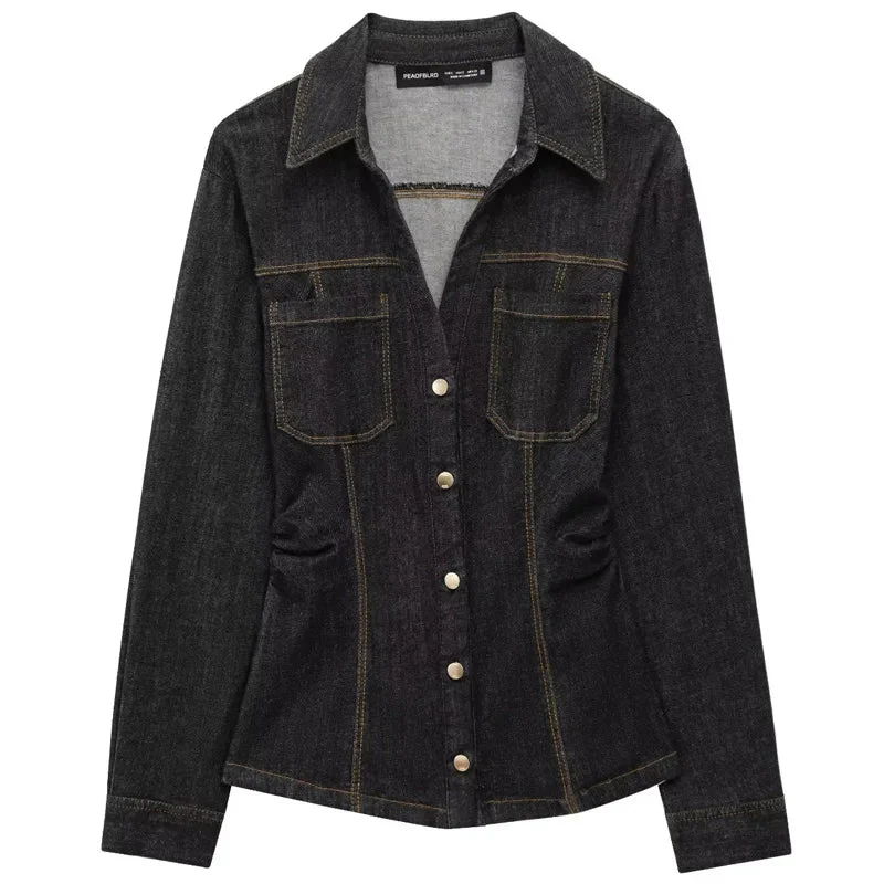 Naisten Musta Denim Kahden Osan Setti Pitkähihainen Paita ja Leveälahkeiset Housut