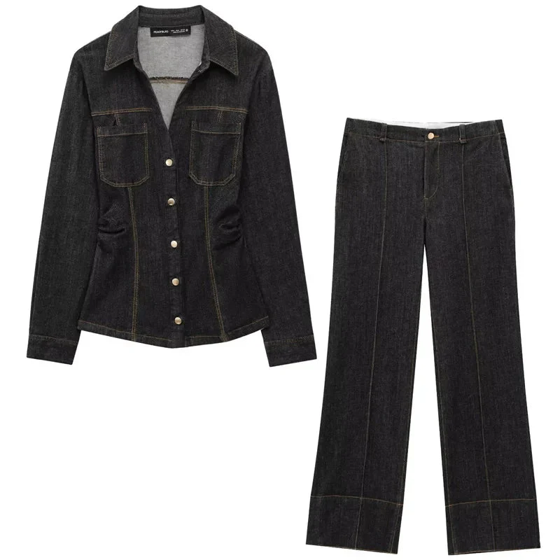 Naisten Musta Denim Kahden Osan Setti Pitkähihainen Paita ja Leveälahkeiset Housut - Image 6