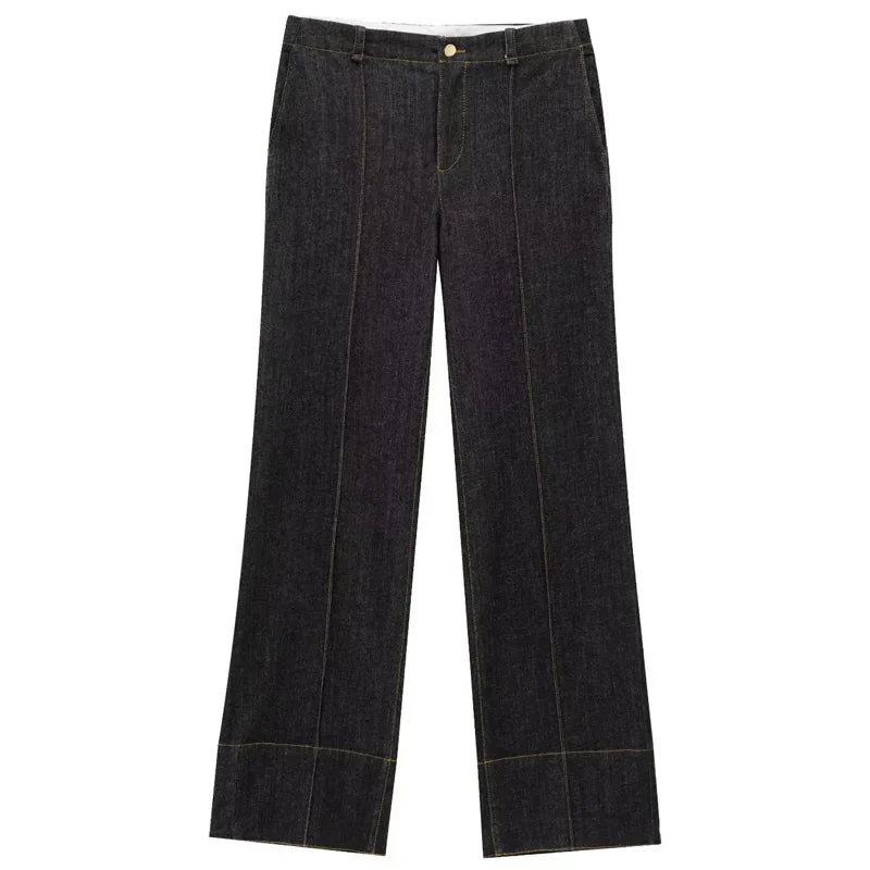 Naisten Musta Denim Kahden Osan Setti Pitkähihainen Paita ja Leveälahkeiset Housut - Image 7