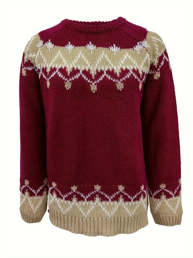 Naisten neulottu Jacquard-kuvioinen Villajäljitelmäpaita - Image 2