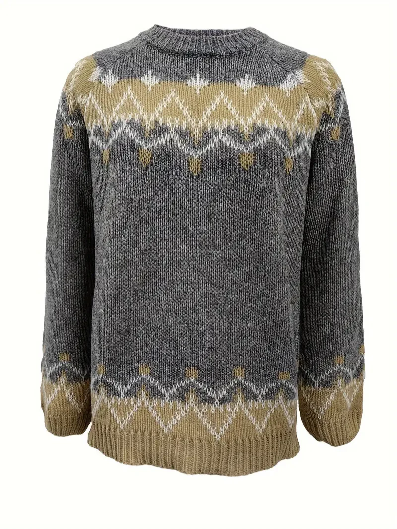 Naisten neulottu Jacquard-kuvioinen Villajäljitelmäpaita - Image 3