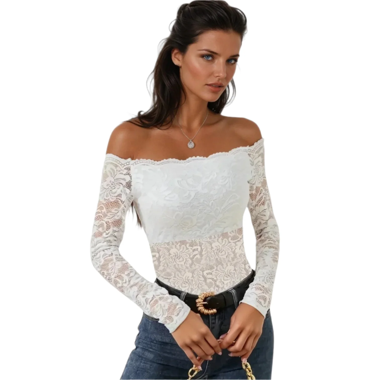 Naisten Off-Shoulder Pitsitoppi Pitkät Hihat Elastinen Design
