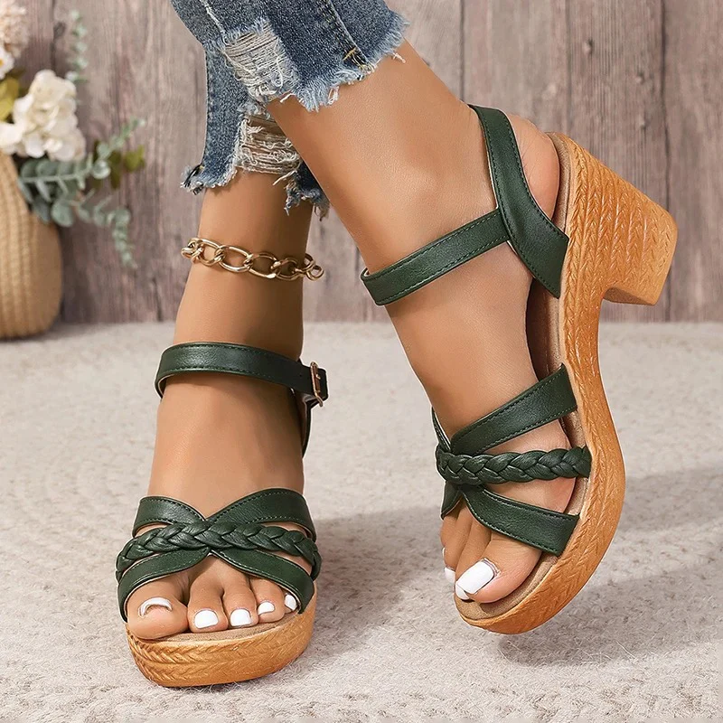 Naisten punottu Platform Chunky Heel Sandaalit - Image 8