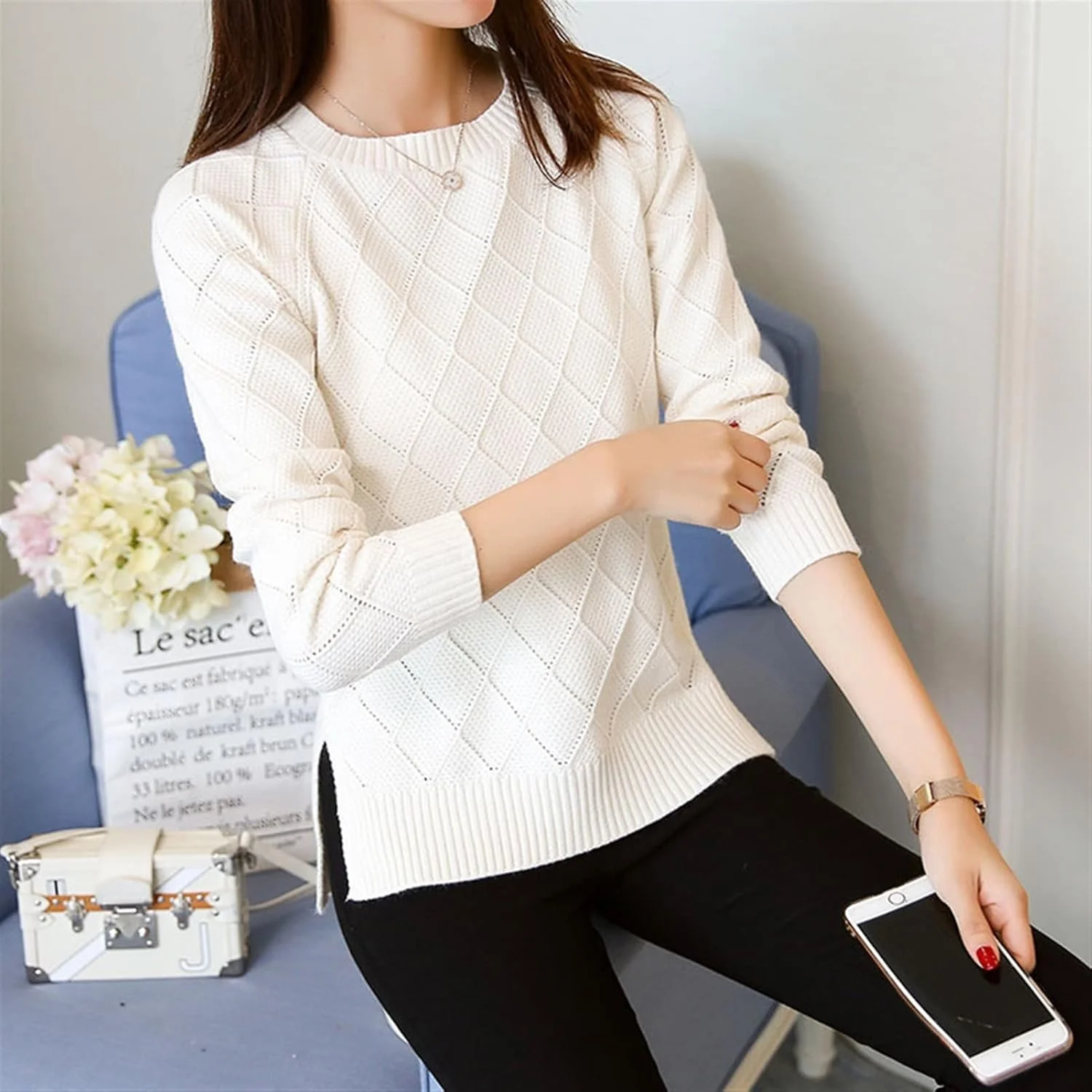 Naisten Pure Color Knit Pullover - Image 6