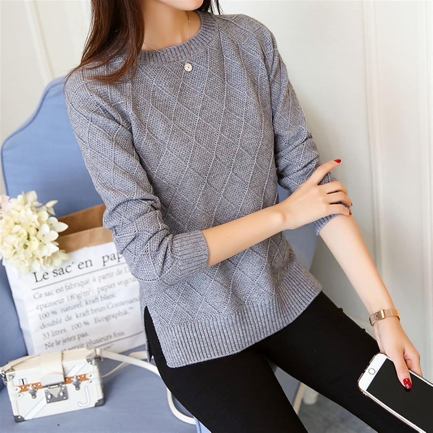 Naisten Pure Color Knit Pullover - Image 7