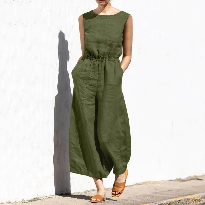 Naisten puuvilla pellava korkea vyötärö Jumpsuit - Image 10