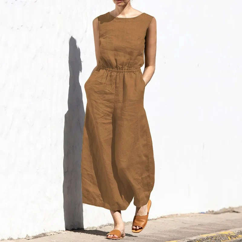 Naisten puuvilla pellava korkea vyötärö Jumpsuit - Image 3