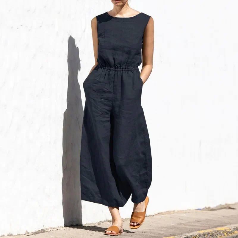 Naisten puuvilla pellava korkea vyötärö Jumpsuit - Image 4
