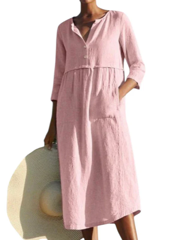 Naisten Pyöreä Kaula Napillinen Tasku Puuvilla Pellava Pitkähiha Dress