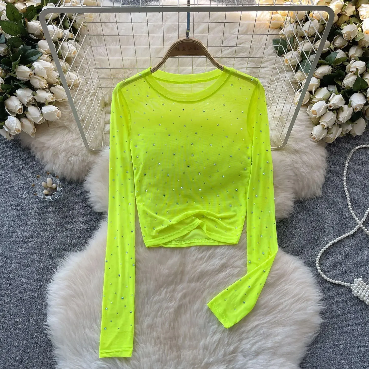 Naisten Rhinestone Mesh pitkähihainen crop-toppi - Image 8