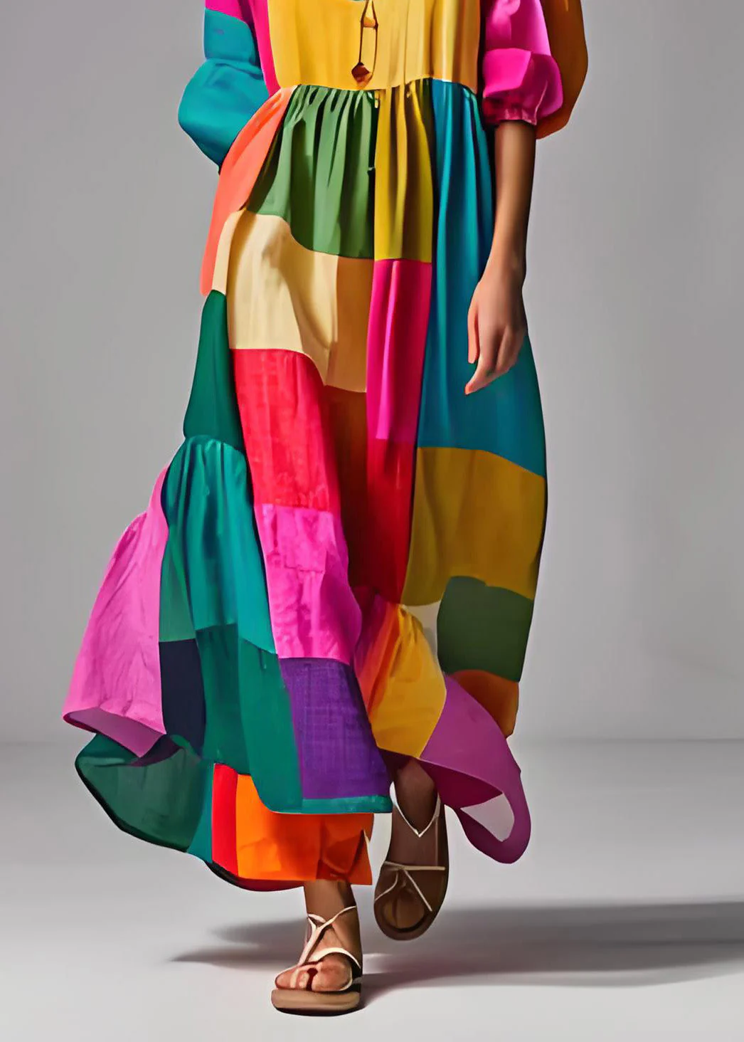 Naisten Väriblokki Puhvihiha Mekko - Image 5