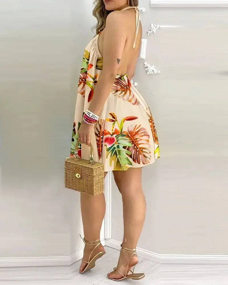 Trooppinen tulosta Halter kaula-aukko Backless mekko - Image 5