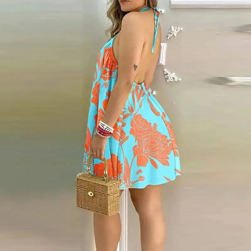 Trooppinen tulosta Halter kaula-aukko Backless mekko - Image 7